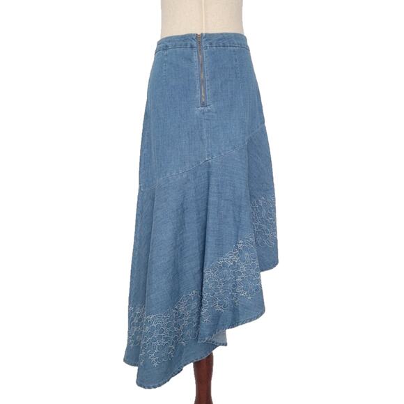 VTG Y2k Cristina V Denim Asymmetrical Embroidered Skirt Sz 4 Blue Boho Western - Picture 2 of 6